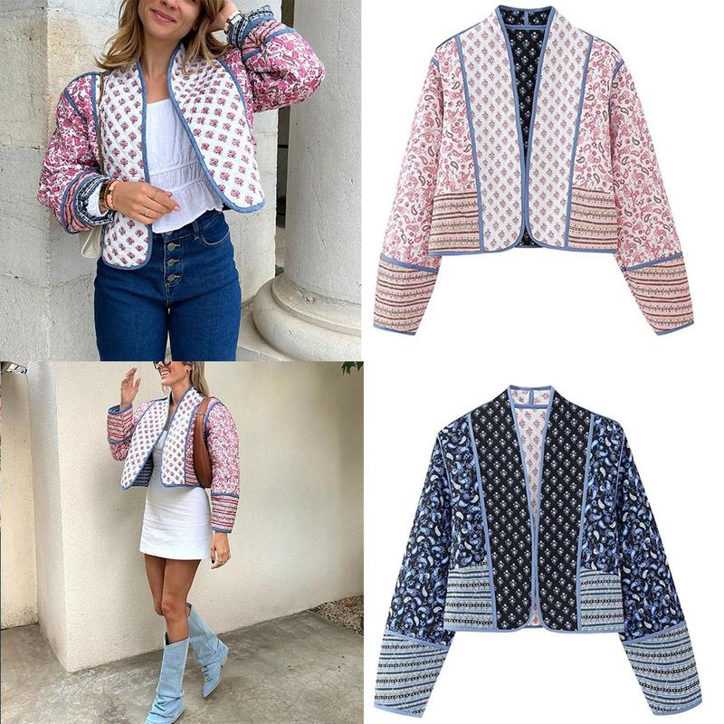 UANEO Women's Cropped Floral Quilted Jacket Cardigan Printed Lightweight Open Front Padded Puffer Coat-New Products