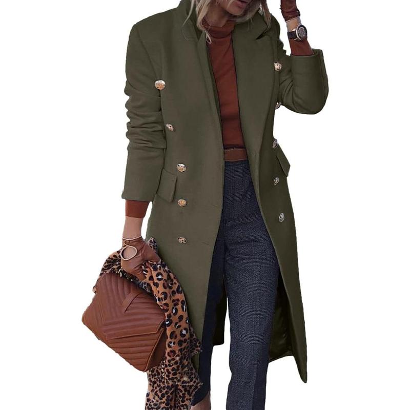Fisoew Women's Elegant Notched Collar Double Button Slim Long Wool Blend Pea Coat Jacket