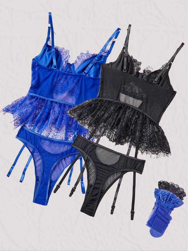 Women's Contrast Lace Sheer Lingerie Set, Sexy Comfy Breathable Bra & Thong & Stocking Set for Daily Wear, Lingerie Set for Women