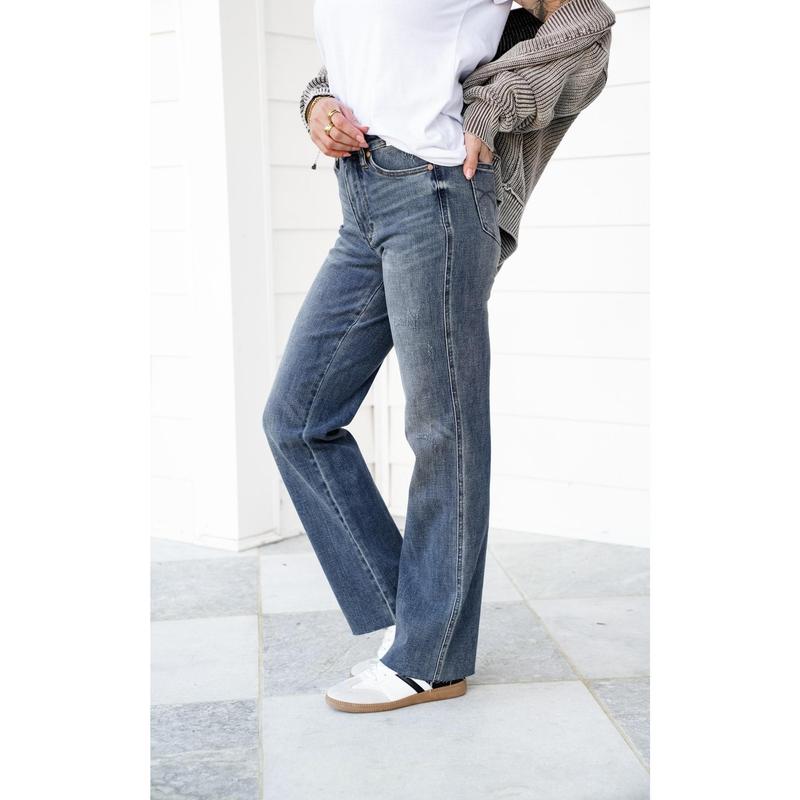 Judy Blue Straighten Up High Rise Medium Wash Tummy Control Raw Hem Straight Leg Jeans