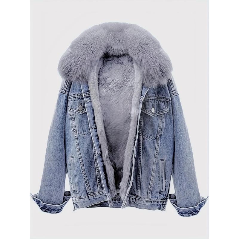 Womens Thickened Jean Jackets, Faux Fur Collar Coat Denim Winter Jacket