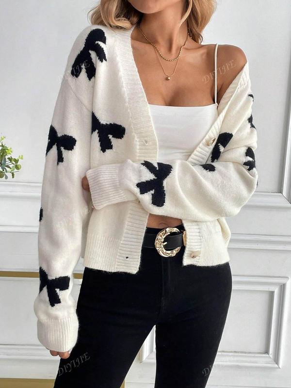 Women's Bow Print Button Front V Neck Cable Knit Sweater, Casual Long Sleeve Jumper for Fall & Winter, Fashion Ladies' Knitwear for Daily Wear
