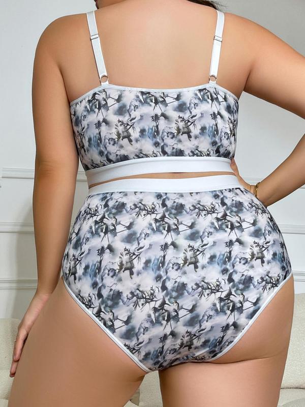  Two-Piece Set All Over Heart Graphic Print Contrast Lace Bra & Panty Set, Bow Front Wireless Bra & High Waist Panty Underwear Set, Lingerie Set for Women