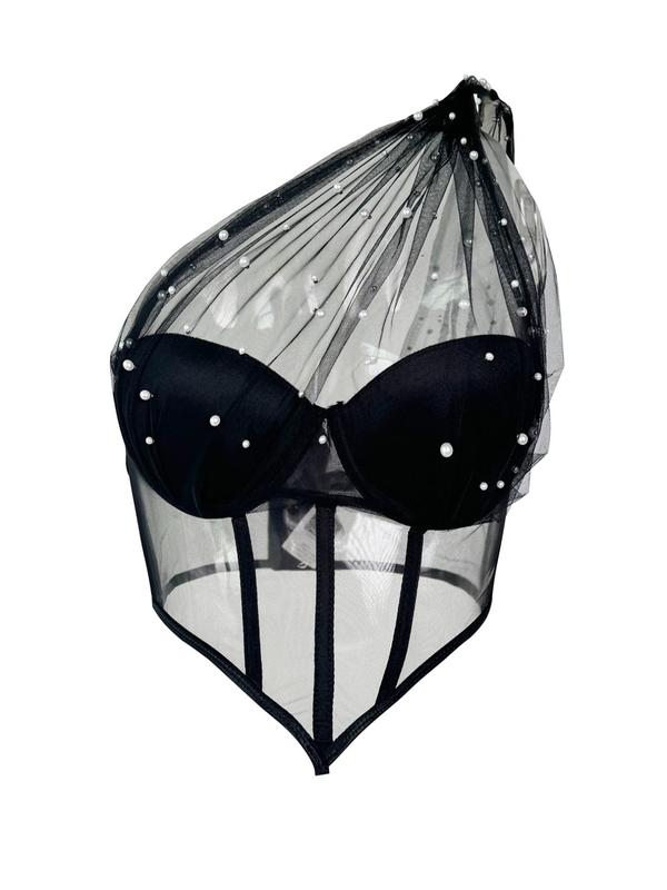 Women's Faux Pearls Decor Sheer Hook Eye Design Lingerie Top, Asymmetrical Neck Contrast Mesh Lingerie Bra, Fashion Comfy Breathable Underwear for All Seasons