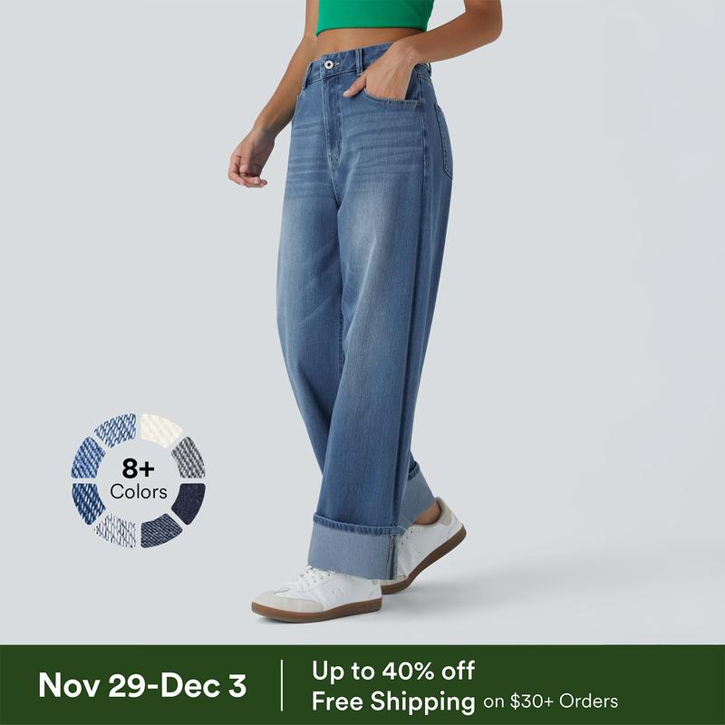Halara Halara Flex™ High Waisted Multiple Pockets Rolled Hem Wide Leg Washed Stretchy Knit Casual Jeans