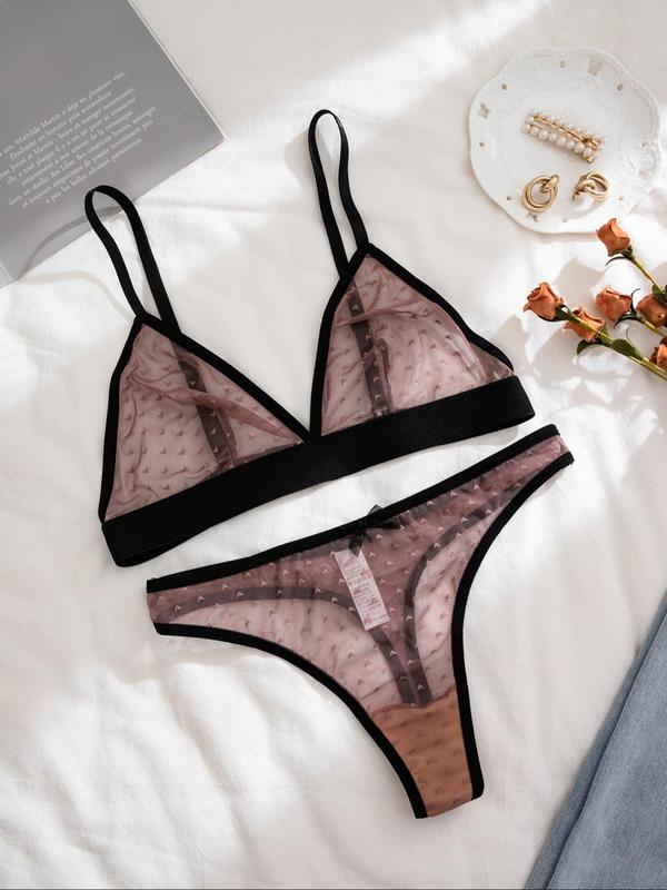 Women's Heart Pattern Sheer Mesh Sexy Lingerie Set, Adjustable Strap Contrast Binding Triangle Bra & Bow Decor Thong Set, Romantic Underwear Set for Women