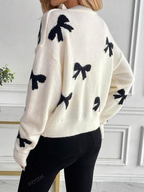 Women's Bow Print Button Front V Neck Cable Knit Sweater, Casual Long Sleeve Jumper for Fall & Winter, Fashion Ladies' Knitwear for Daily Wear