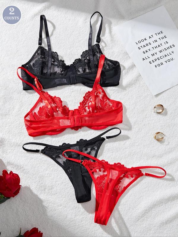 Women's Contrast Lace Floral Embroidery Underwire Bra & Sheer Thong Sexy Lingerie Set, Romantic Comfy Breathable Underwear Set for Daily Wear, Women's Lingerie & Underwear for All Seasons