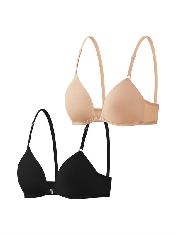 Women's Solid Buckle Front Adjustable Strap Push Up Bra, Soft Comfortable Breathable Lingerie Top for Daily Wear, Underwear for All Seasons
