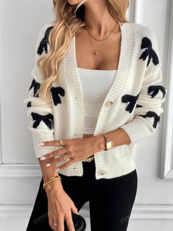 Women's Bow Print Button Front V Neck Cable Knit Sweater, Casual Long Sleeve Jumper for Fall & Winter, Fashion Ladies' Knitwear for Daily Wear