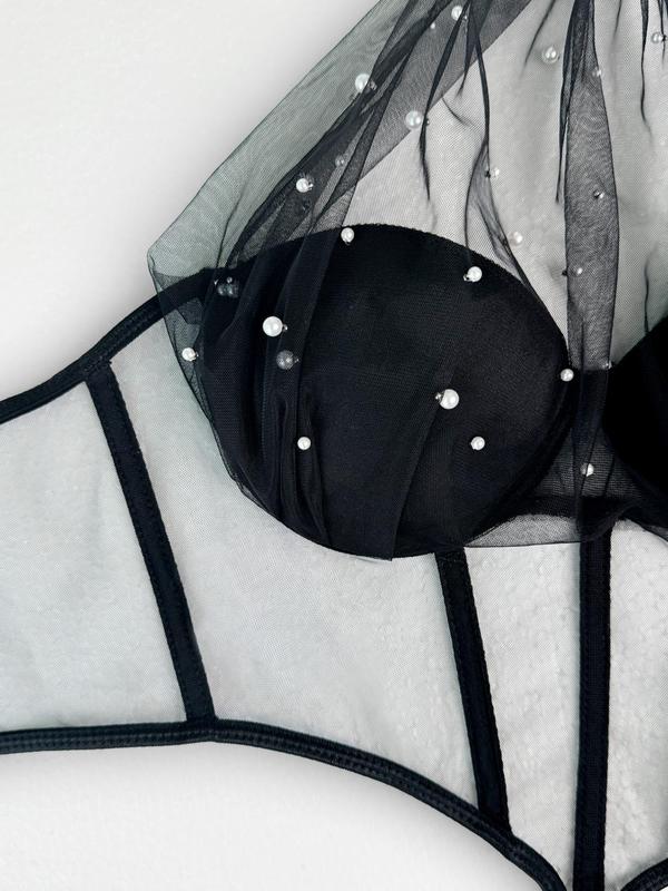 Women's Faux Pearls Decor Sheer Hook Eye Design Lingerie Top, Asymmetrical Neck Contrast Mesh Lingerie Bra, Fashion Comfy Breathable Underwear for All Seasons