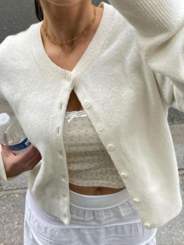 Women's Solid Color Button Front Cardigan, Casual Long Sleeve Round Neck Knitwear for Fall & Winter, Fashion Women's Knit Clothing for Daily Wear