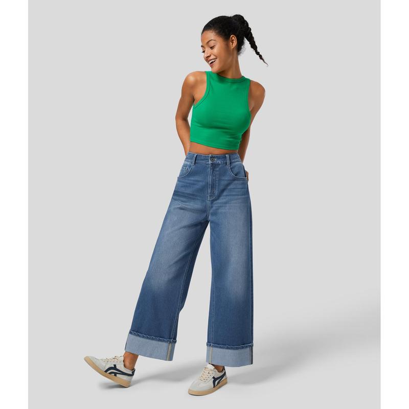 Halara Halara Flex™ High Waisted Multiple Pockets Rolled Hem Wide Leg Washed Stretchy Knit Casual Jeans