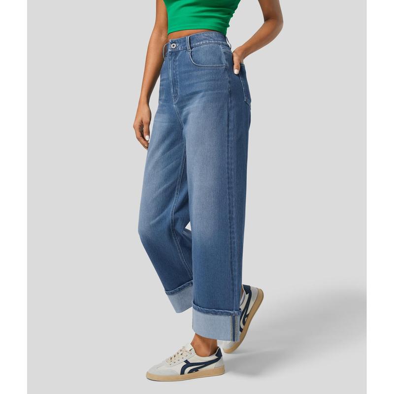 Halara Halara Flex™ High Waisted Multiple Pockets Rolled Hem Wide Leg Washed Stretchy Knit Casual Jeans