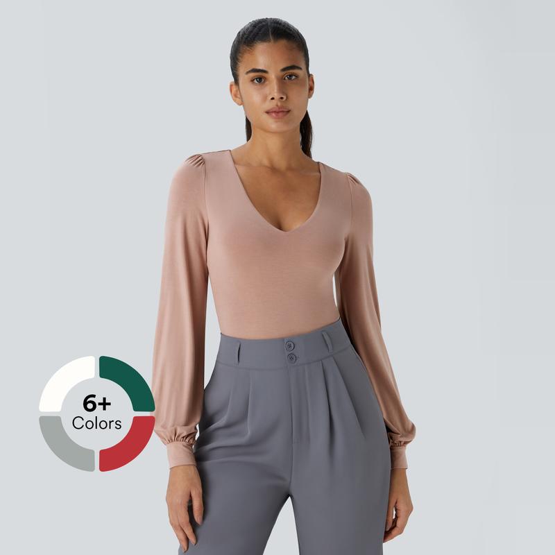 Halara V Neck Long Sleeve Button Work Bodysuit