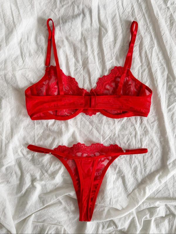 Women's Contrast Lace Floral Embroidery Underwire Bra & Sheer Thong Sexy Lingerie Set, Romantic Comfy Breathable Underwear Set for Daily Wear, Women's Lingerie & Underwear for All Seasons