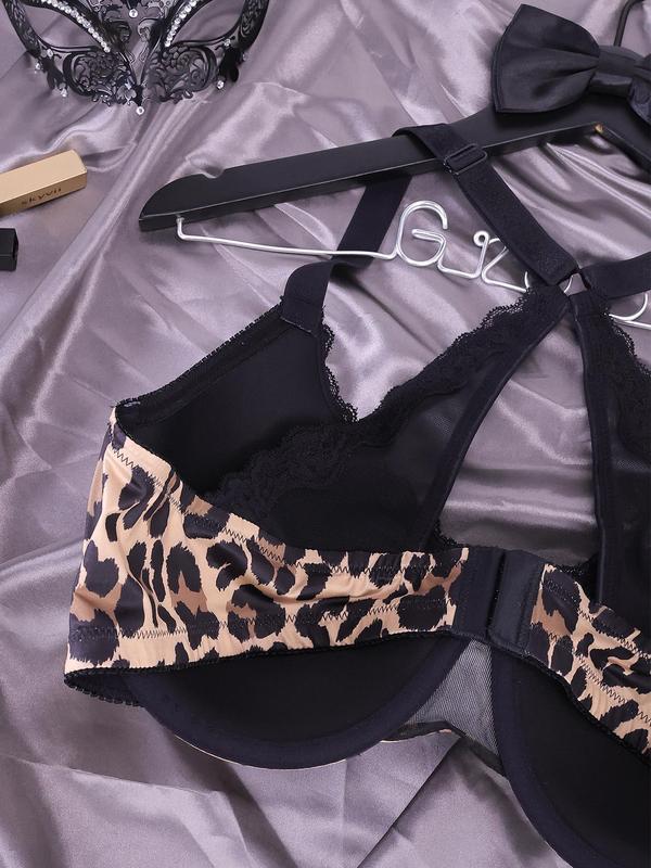  Leopard Print Contrast Lace Underwire Bra, Casual Comfy Breathable Adjustable Strap Push Up Bra, Women's Underwear for All Seasons