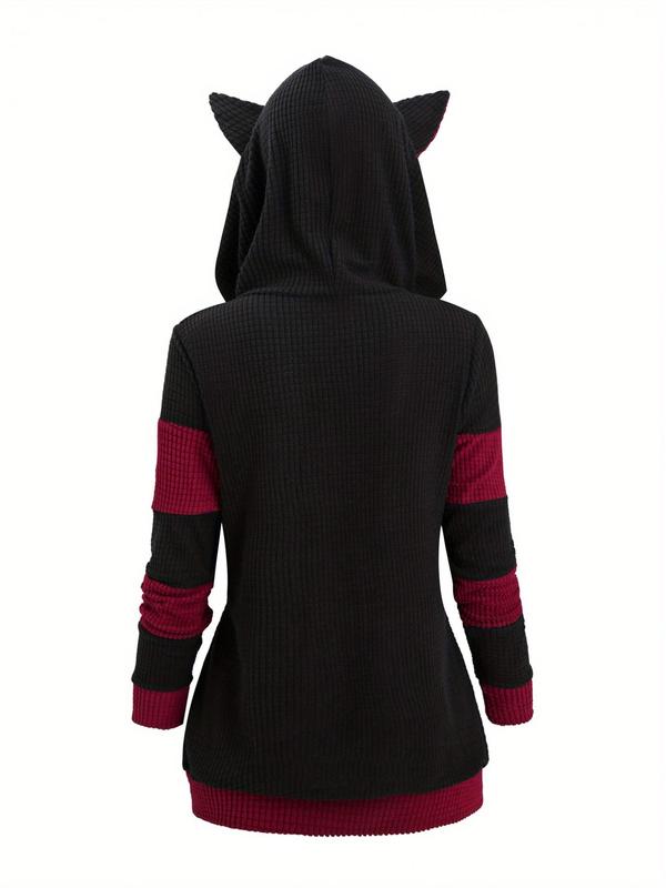 Women's Colorblock Zip Up  3d Cat Ear Design  Hooded Jacket, Casual Long Sleeve Pocket Zipper Outerwear for Fall & Winter, Ladies Clothes for Daily Wear