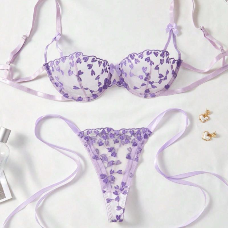 Sexy Lingerie Women Heart Embroidery 2pcs Set Bra + Triangle Panties