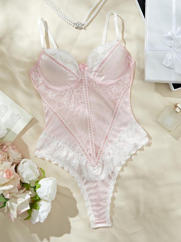 Women's Contrast Lace Cami Teddy Bodysuit, Sexy Comfy Breathable Satin Lingerie for Daily Wear, Women's Lingerie for All Seasons