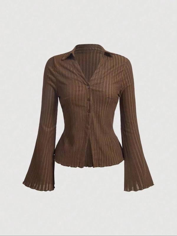 Women's Plain Lettuce Trim Flounce Sleeve Button Front Blouse, Casual Long Sleeve Collared Top for Daily Wear, Ladies Clothes for All Seasons
