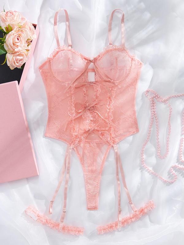 Women's Floral Lace Sheer Sexy Lingerie Set, Chic Bow Decor Ruffle Trim Lingerie & Garter Belt Set, Women's Lingerie & Underwear for All Seasons