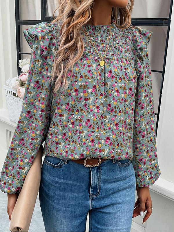 Women's Floral Print Ruffle Layered Sleeve Blouse, Boho Mock Neck Shirred Top for Summer, Women's Clothing for Daily Wear