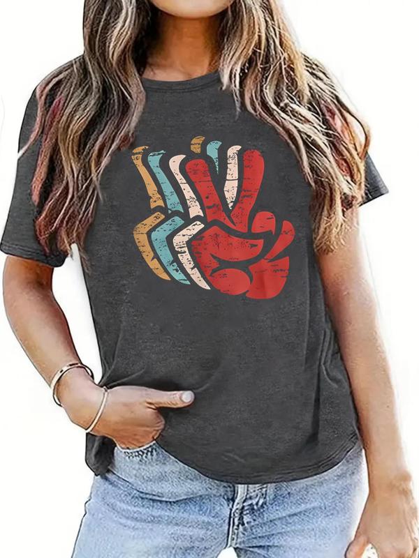 Women's Victory Gesture Print Round Neck Tee, Back To School Casual Short Sleeve T-shirt, Ladies Summer Outfit for Daily Wear
