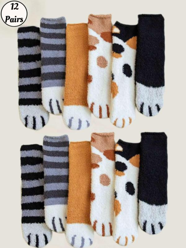 Women's Cartoon Cat Paw Print Fuzzy Socks, Cute Soft Comfy Mid-calf Socks for Fall & Winter, Women's Socks for Daily Wear