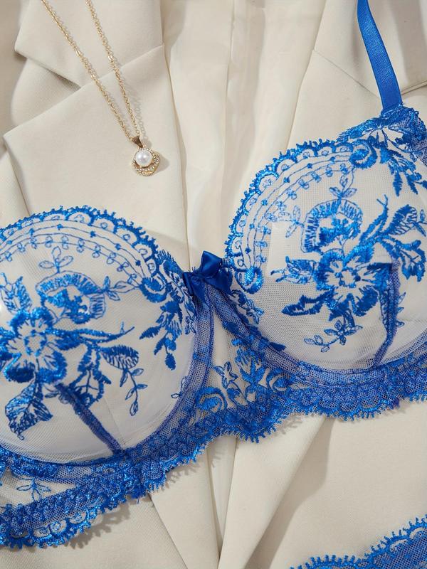 Women's Floral Embroidery Semi-sheer Bra & Panty Two-piece Set, Sexy Comfy Breathable Lingerie Set for Daily Wear, Women's Underwear Set for All Seasons