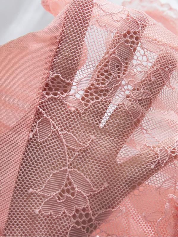 Women's Floral Lace Sheer Sexy Lingerie Set, Chic Bow Decor Ruffle Trim Lingerie & Garter Belt Set, Women's Lingerie & Underwear for All Seasons
