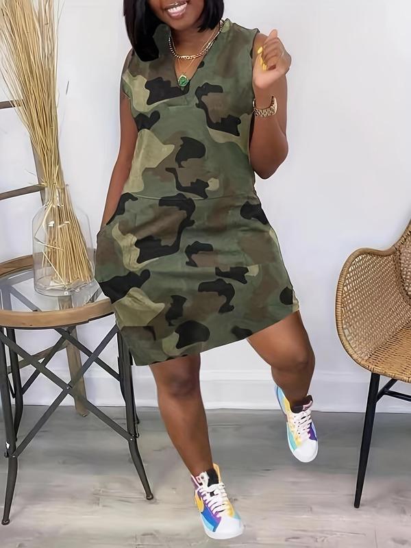 Women's Camo Print Pocket Tank Dress, Casual Sleeveless V Neck Short Dress for Daily Wear, Ladies Clothes for All Seasons