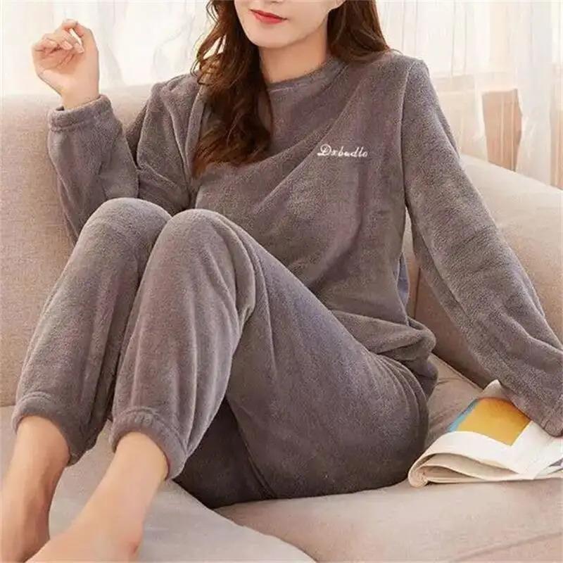 Women Velvet Pajama Set Fleecing Warm Loose Top And Elastic Waist Pants Home Casual Warm Woolen Suit Women Autumn Winter Womenswear Comfort