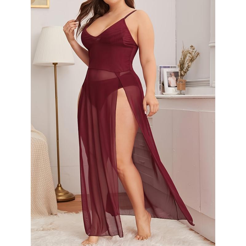 Women's Sexy Lingerie Dress Set, Plus Size Semi Sheer Thigh Split Long Mesh Cami Dress & Panty Lingerie 2 Piece Set
