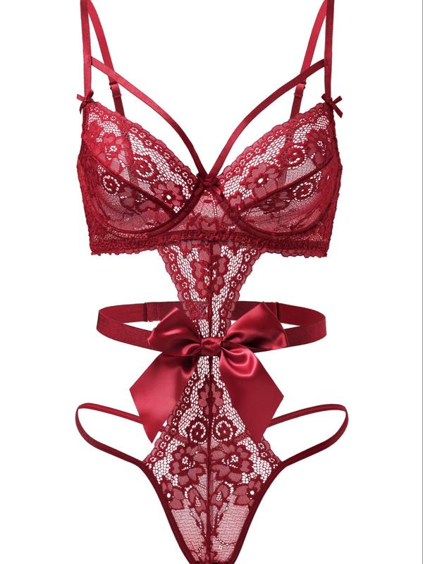 Women's Bow Decor Cut Out Sheer Lace Sexy Teddy Lingerie Bodysuit, Sexy Comfy Breathable Backless Cami Lingerie Bodysuit for Daily Wear, Women's Lingerie for All Seasons