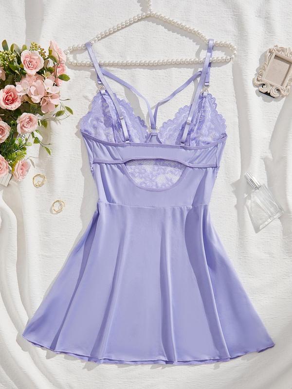 Women's Contrast Lace Backless Cami Nightdress, Solid Color Spaghetti Strap Nightgown, Soft Comfortable Sleep Dress for Women