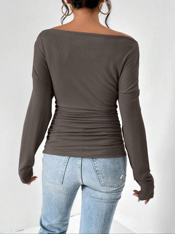 Women's Plain Ruched Off Shoulder Tee, Casual Asymmetrical Long Sleeve T-shirt for Spring & Fall, Women's Clothing for Daily Wear