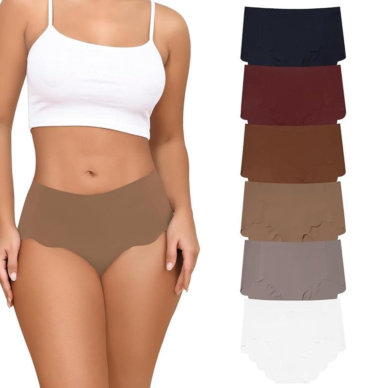 LEVAO High Waisted Seamless Underwear for Women Full Coverage No-Show Bikini Wave Edge Underwear Ice Silk Panties 6 Packs