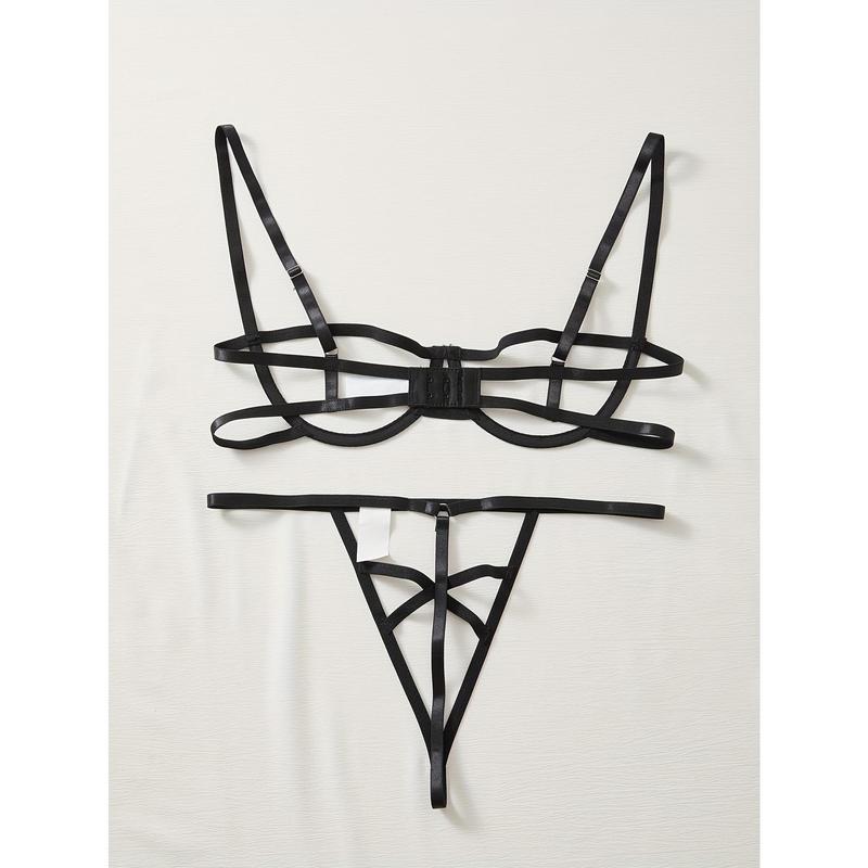 Sultry Hollow Out Lingerie Set - Thin Shoulder Straps, Push-Up Bra, Thong, Sexy Women's Intimates Clothing for Confidence Boost