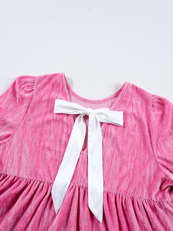 Women's Plain Ruffle Hem Tie Back Smock Dress, Elegant Fashion Flounce Sleeve Round Neck Dress for Daily Outdoor Wear, Women Dress for Spring Fall