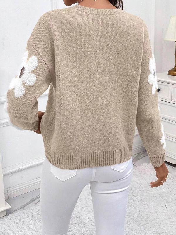 Women's Floral Print Drop Shoulder Sweater, Casual Long Sleeve Round Neck Jumper for Fall & Winter, Fashion Ladies' Knitwear for Daily Wear