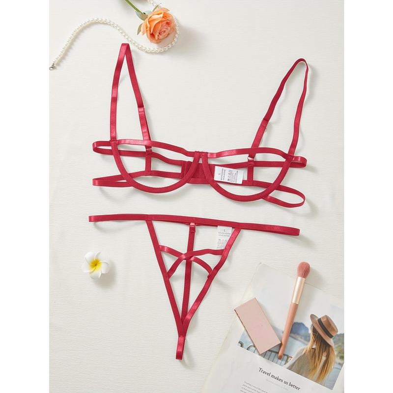 Sultry Hollow Out Lingerie Set - Thin Shoulder Straps, Push-Up Bra, Thong, Sexy Women's Intimates Clothing for Confidence Boost