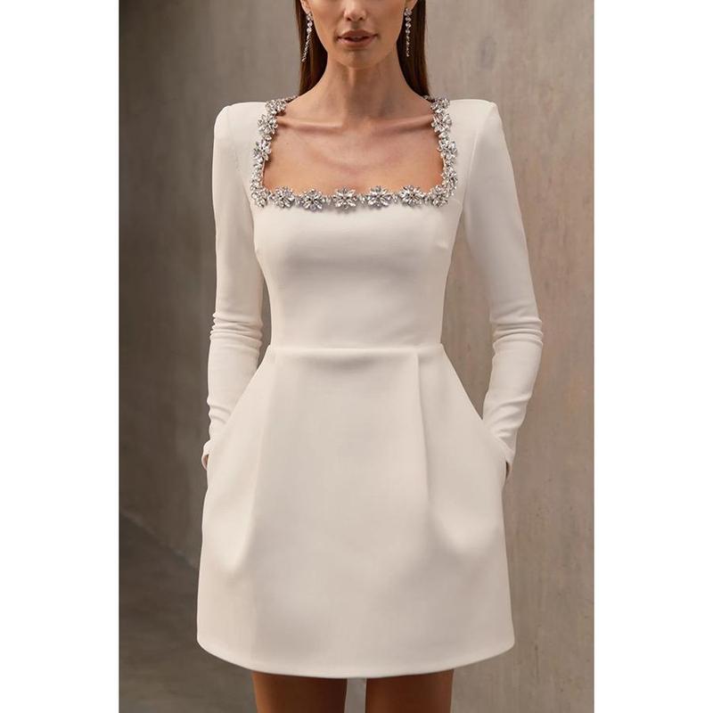 Square Neck Long Sleeve Short Wedding Dresses for Brides Velvet Beaded Mini Prom Bridal Shower Gown Party Dress