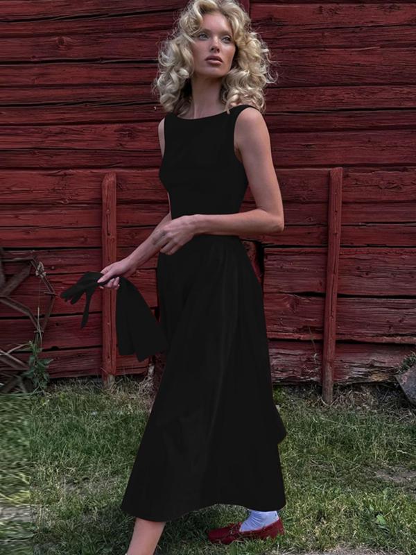 Women's Plain Backless Boat Neck A Line Dress, Elegant Sleeveless Zipper Back Long Dress for Party Holiday Wedding Guest, Ladies Summer Clothes