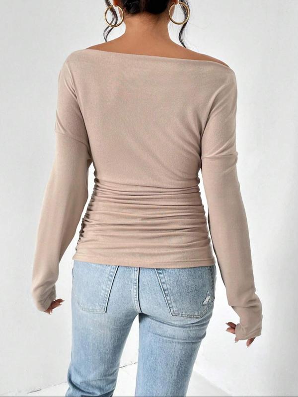 Women's Plain Ruched Off Shoulder Tee, Casual Asymmetrical Long Sleeve T-shirt for Spring & Fall, Women's Clothing for Daily Wear