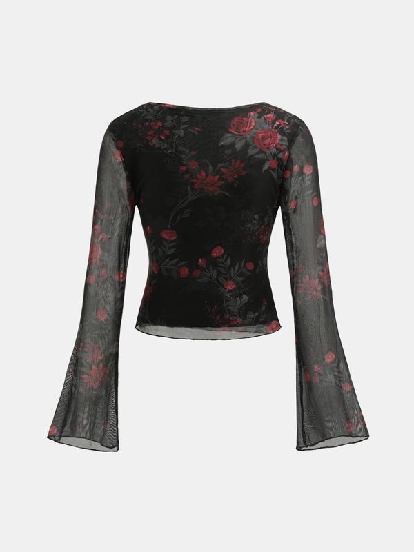 YOZY Women's Floral Print Wrap V Neck Flounce Sleeve Tee, Elegant Long Sleeve Top for Spring & Fall, Women's Clothing for Daily Wear