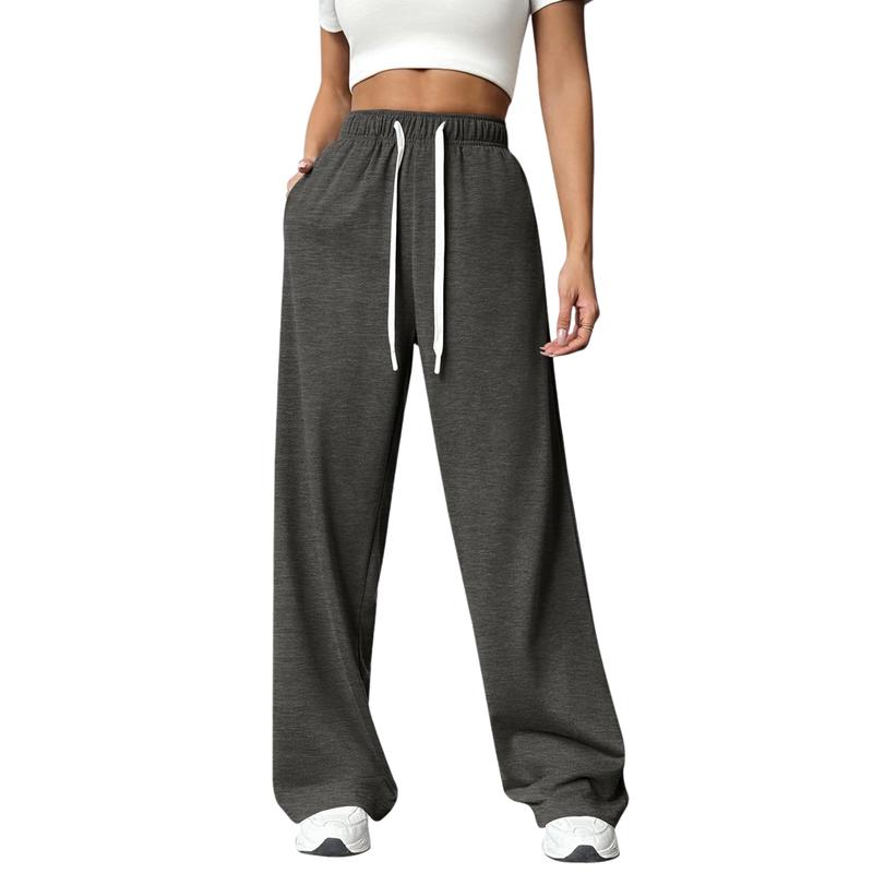 Women's Elastic High Waisted Drawstring Sweatpants Workout Trousers Straight Wide Leg Pants with Pockets