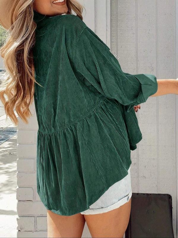Women's Plain Button Front Drop Shoulder Corduroy Shirt Jacket, Casual Long Sleeve Collared Pocket Top for Spring & Fall, Women's Clothes for Daily Wear