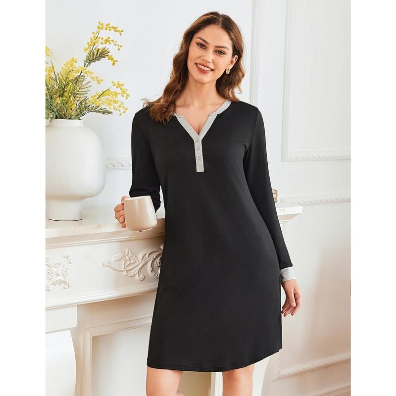 Women's Nightgown Long Sleeve Sleepshirt Button Down Nightshirt V Neck Pajama Dress with Pockets S-XXL.Comfortable skin-friendly high-end charming