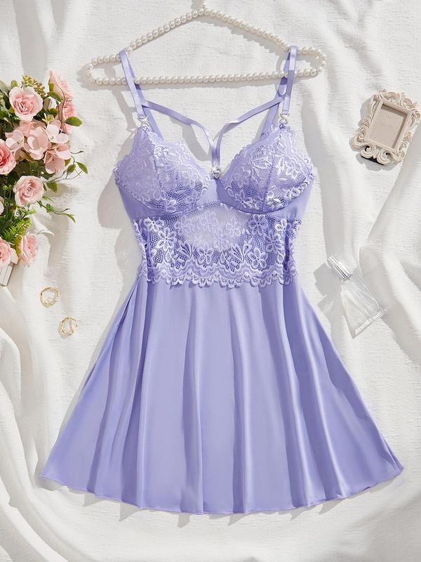 Women's Contrast Lace Backless Cami Nightdress, Solid Color Spaghetti Strap Nightgown, Soft Comfortable Sleep Dress for Women